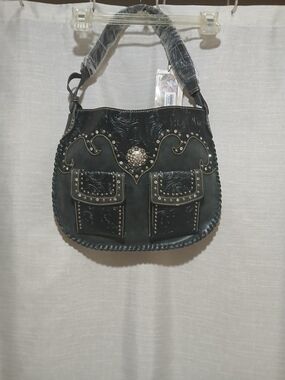 Montana West Carry & Concealed Black Studded Shoulder Bag with Floral Concho